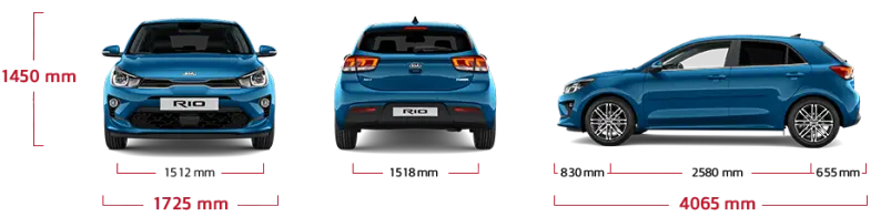 Kia Rio Massangaben Front, Heck, Seite